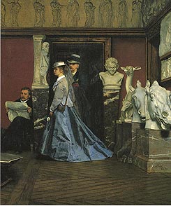 Op het schilderij Museumbezoek van August Allebé uit 1870 een jonge vrouw in sleeptournure.