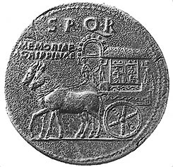 Ambtenaren en kooplieden gingen liever per wagen zoals op deze munt te zien is.