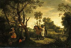 Op het schilderij van Vranc Sebastiaen uit het begin van de 16de eeuw slaagt een beroofde vrouw erin te vluchten op het paard van haar belager.