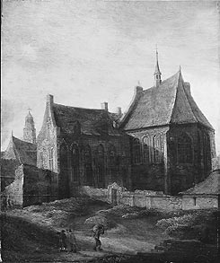 Het Agnesklooster te Utrecht, hier afgebeeld op een 17de-eeuws doek van Pieter des Ruelles.