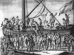Inscheping van matrozen en soldaten van de VOC in 1685.