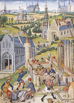 15de-eeuwse miniatuur met verschillende Middeleeuwse bouwactiviteiten.