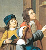 Op dit schilderij van Jan Horemans de Jongere, uit de tweede helft van de 18e eew, betalen kinderen hun onderwijzer in natura.
