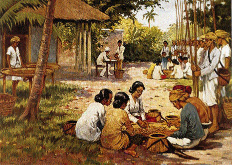 De verwerking van nootmuskaat op de Molukken, op een schoolplaat uit de 20ste eeuw.