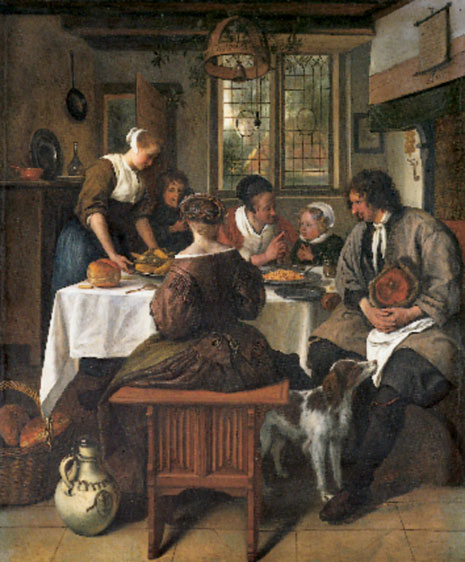 Het gebed voor de maaltijd van Jan Steen (ca. 1663) toont de belangrijkste maaltijd van de dag, het noenmaal. Het gezin eet bonen en een schotel pastinaken en wortels.